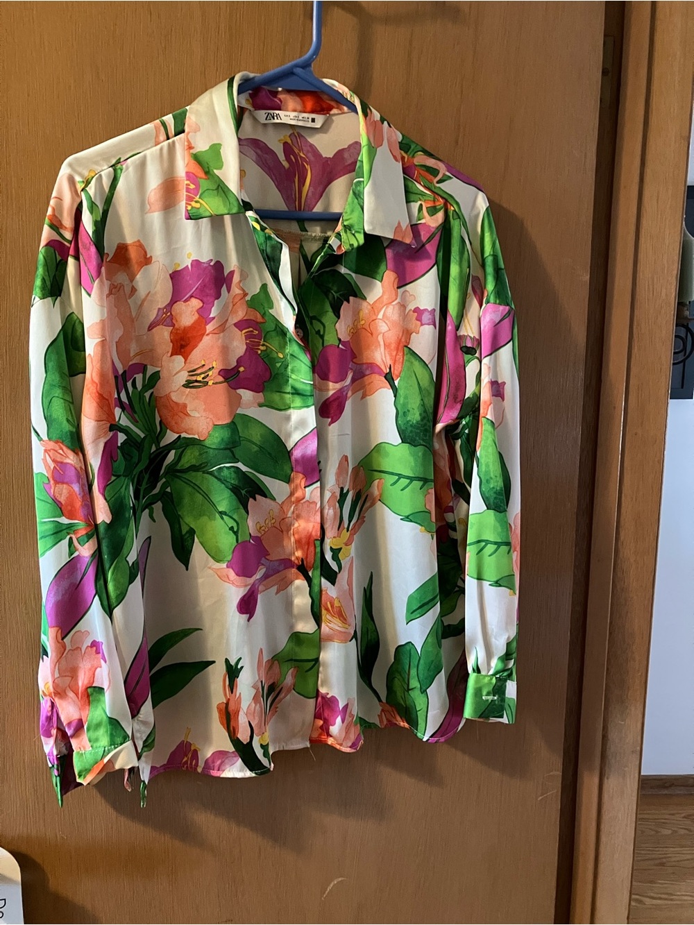 Zara White Button-Down with Green, Pink & Orange Floral Print